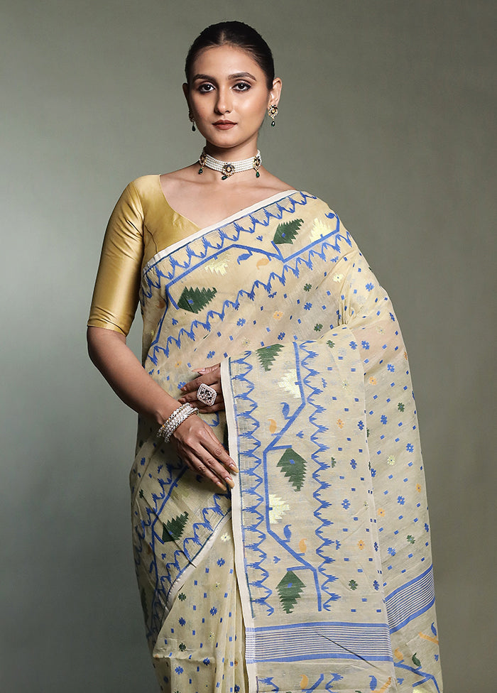 Cream Tant Jamdani Saree Without Blouse Piece