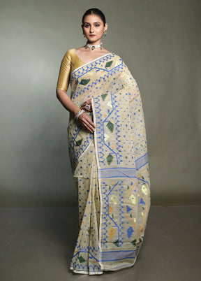 Cream Tant Jamdani Saree Without Blouse Piece