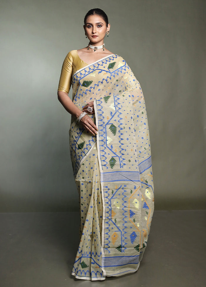 Cream Tant Jamdani Saree Without Blouse Piece