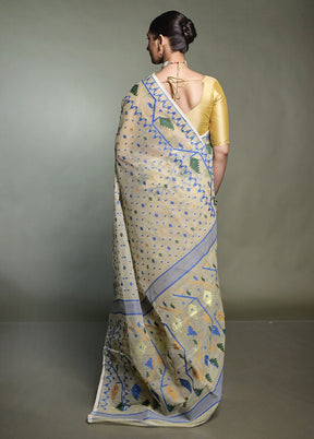 Cream Tant Jamdani Saree Without Blouse Piece