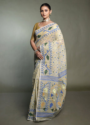 Cream Tant Jamdani Saree Without Blouse Piece