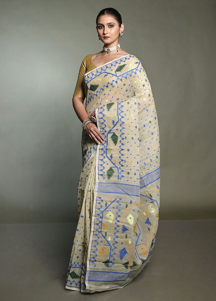 Cream Tant Jamdani Saree Without Blouse Piece