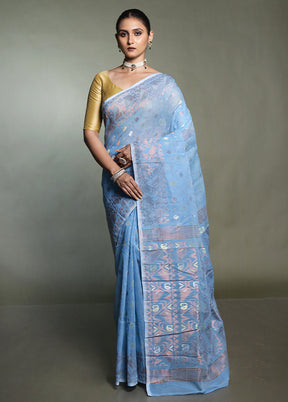 Blue Tant Jamdani Saree Without Blouse Piece