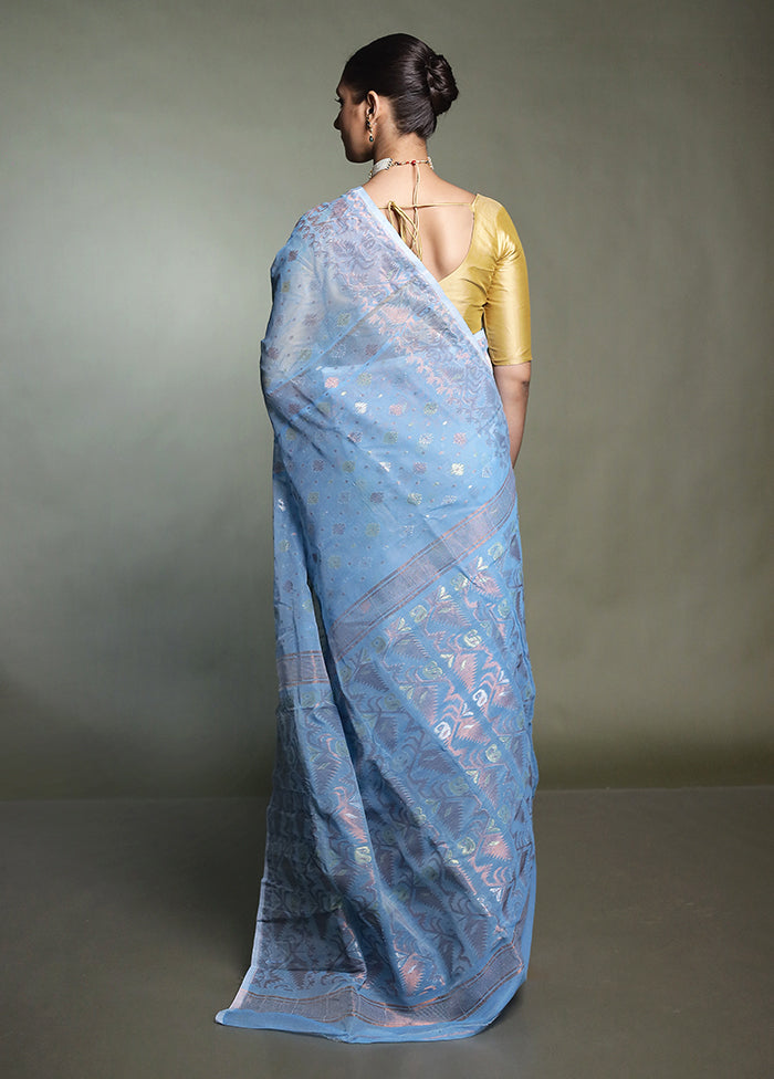 Blue Tant Jamdani Saree Without Blouse Piece