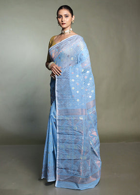 Blue Tant Jamdani Saree Without Blouse Piece
