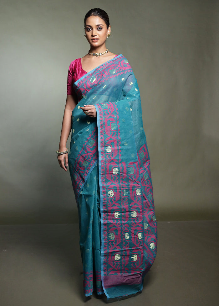 Green Tant Jamdani Saree Without Blouse Piece