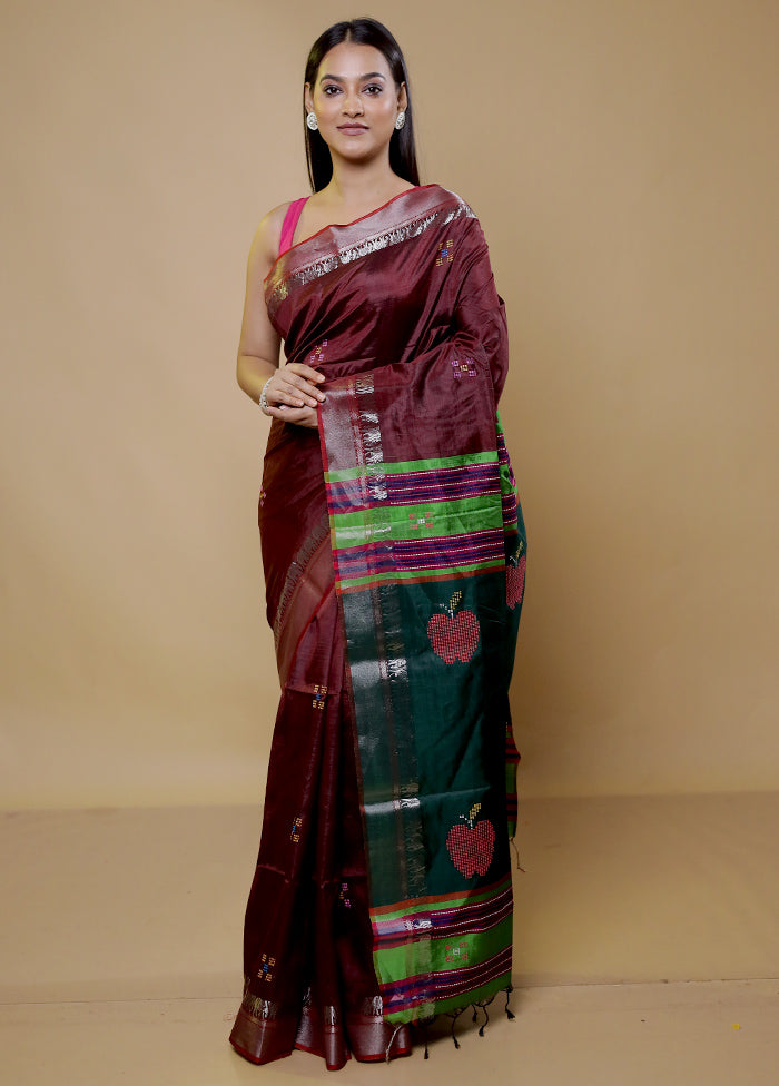 Brown Kalakshetra Silk Saree With Blouse Piece