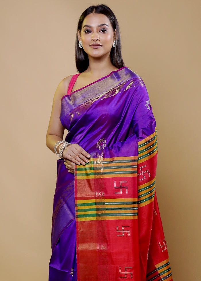 Purple Kalakshetra Silk Saree With Blouse Piece