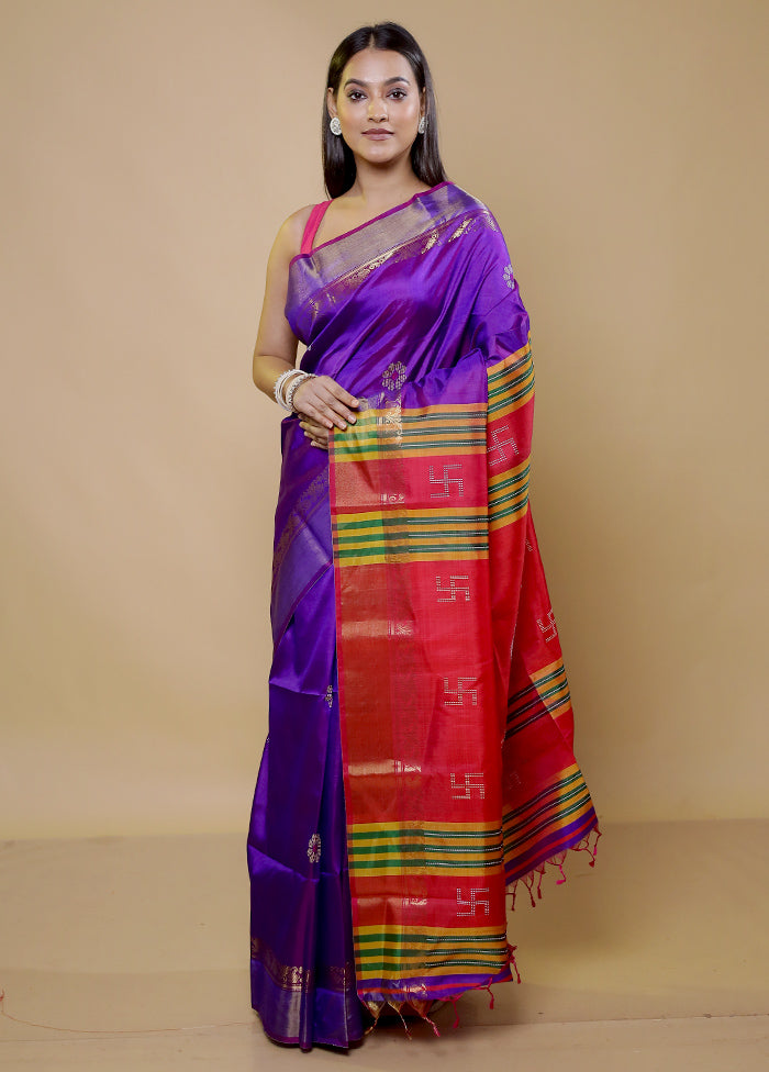 Purple Kalakshetra Silk Saree With Blouse Piece