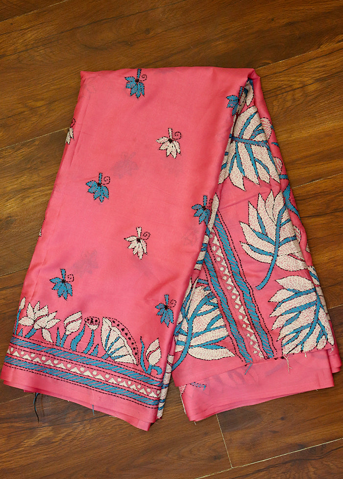 Pink Kantha Stitch Silk Saree With Blouse Piece