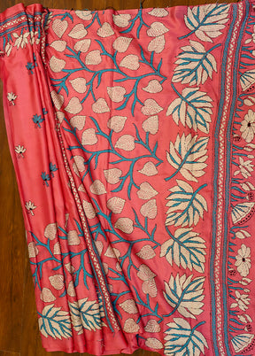 Pink Kantha Stitch Silk Saree With Blouse Piece