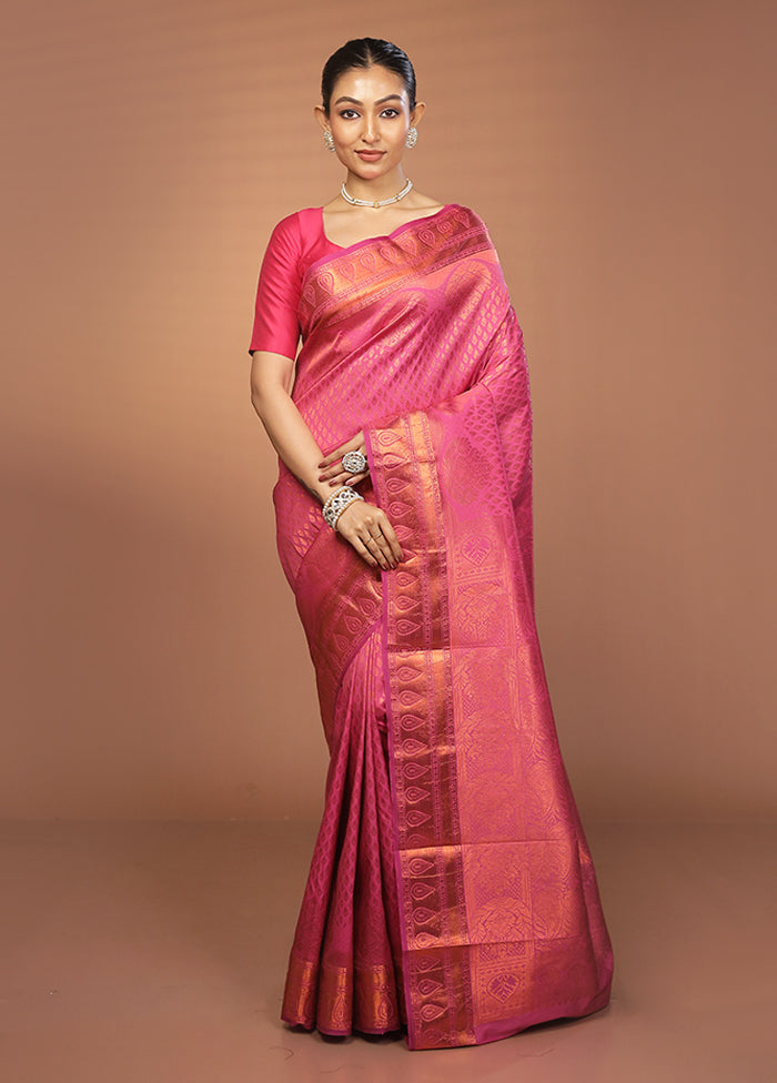 Pink Kanjivaram Silk Saree With Blouse Piece
