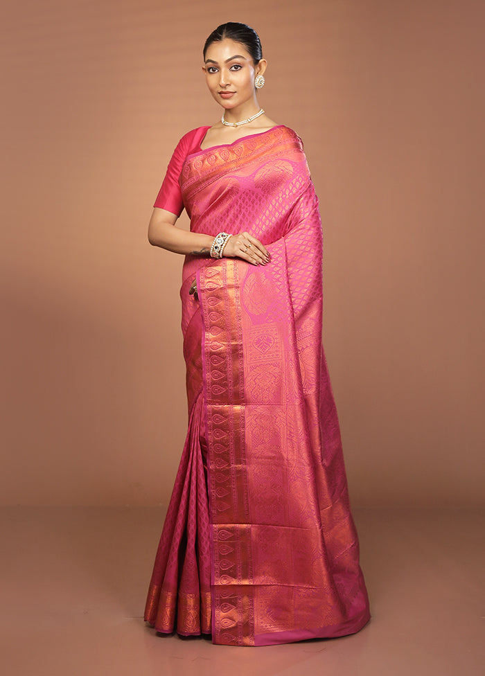Pink Kanjivaram Silk Saree With Blouse Piece