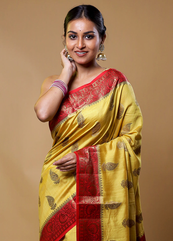 Yellow Handloom Dupion Silk Saree With Blouse Piece