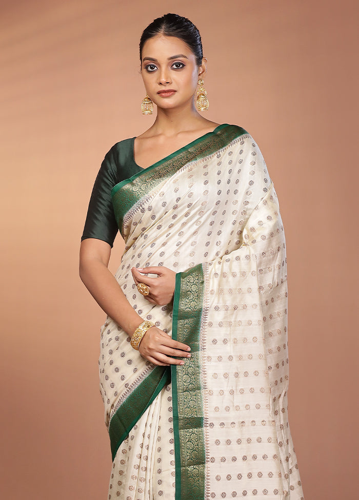 White Handloom Dupion Pure Silk Saree With Blouse Piece
