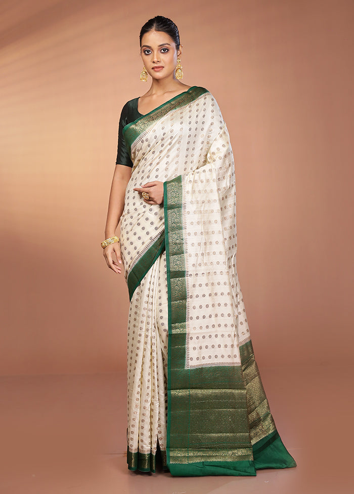 White Handloom Dupion Pure Silk Saree With Blouse Piece