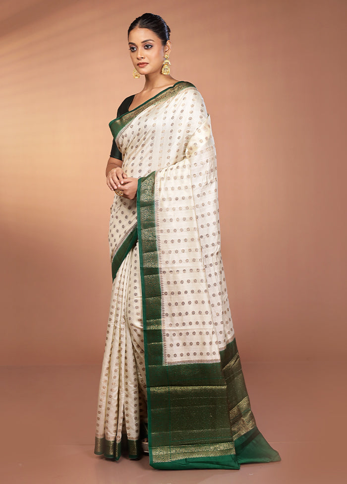 White Handloom Dupion Pure Silk Saree With Blouse Piece