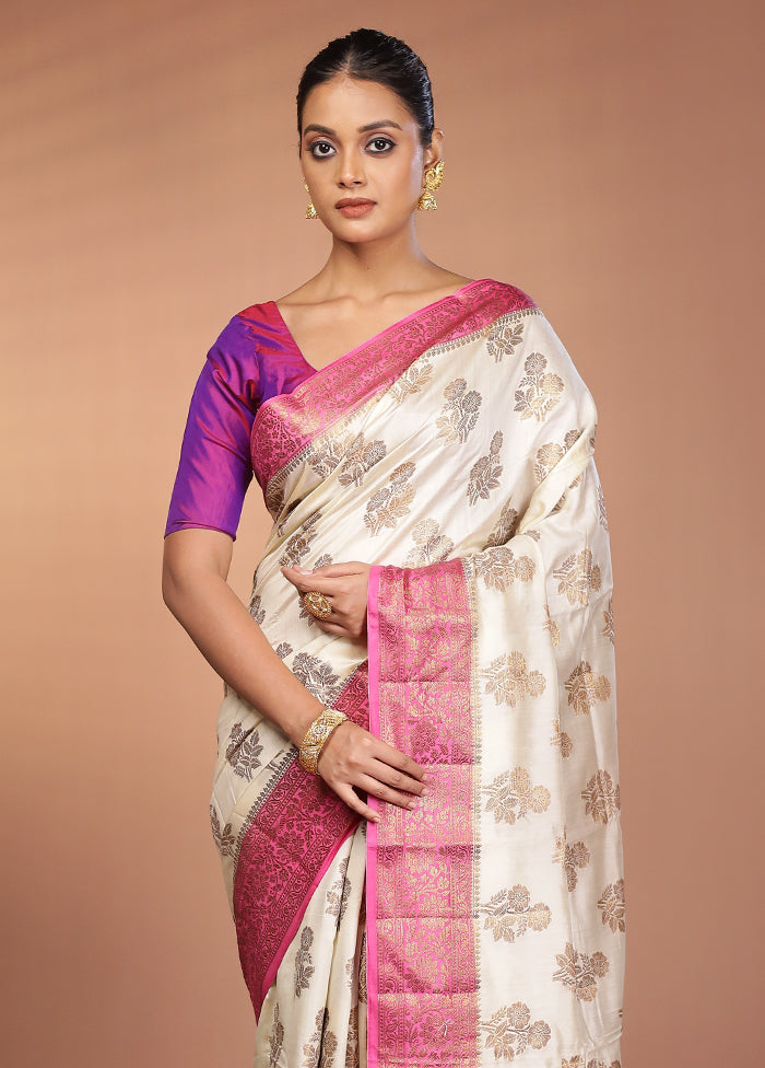 White Handloom Dupion Pure Silk Saree With Blouse Piece