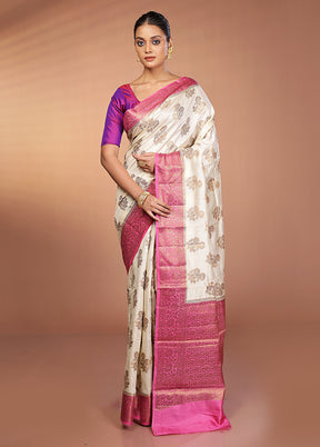 White Handloom Dupion Pure Silk Saree With Blouse Piece