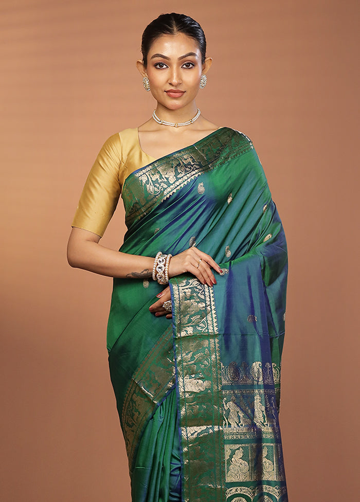 Green Handloom Baluchari Pure Silk Saree With Blouse Piece