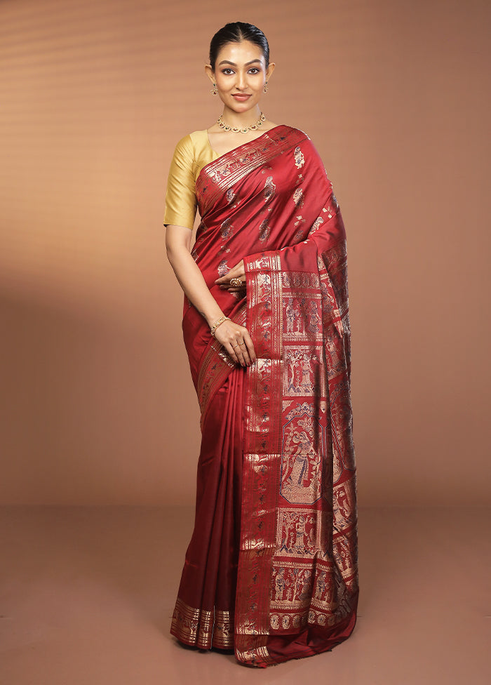 Red Handloom Baluchari Pure Silk Saree With Blouse Piece