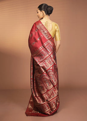 Red Handloom Baluchari Pure Silk Saree With Blouse Piece