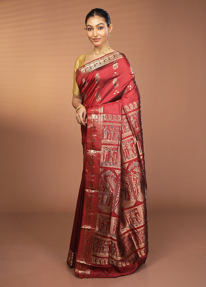 Red Handloom Baluchari Pure Silk Saree With Blouse Piece