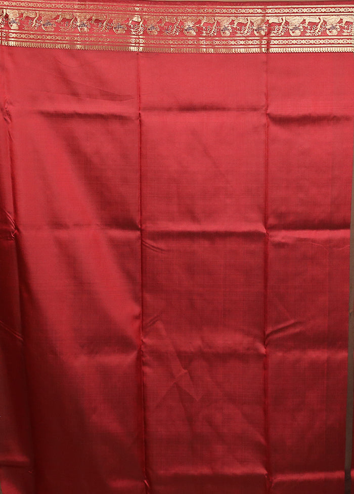 Red Handloom Baluchari Pure Silk Saree With Blouse Piece