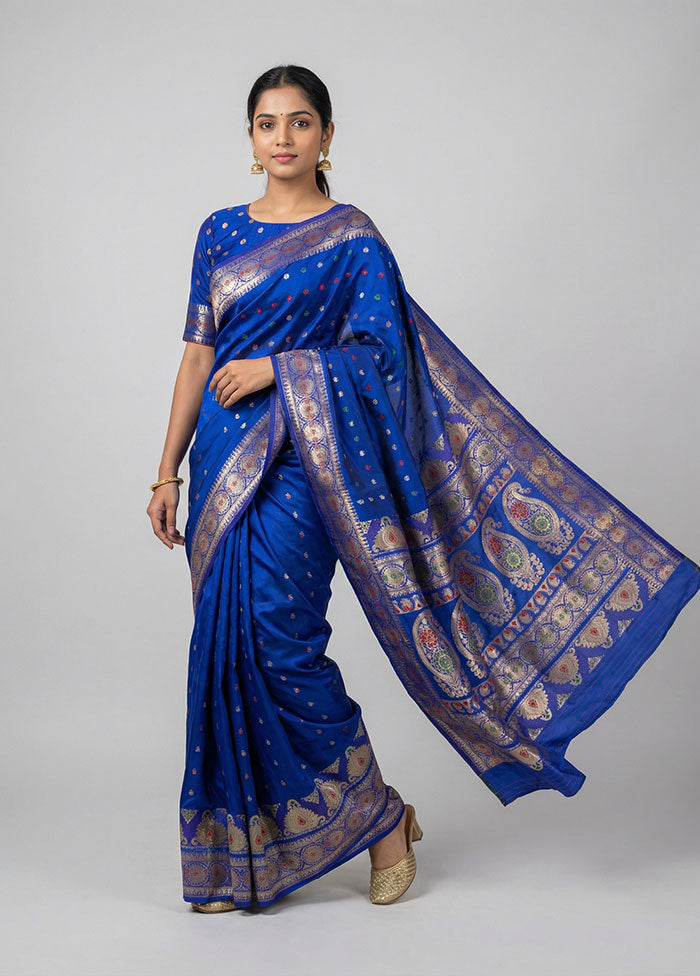 Blue Handloom Baluchari Pure Silk Saree With Blouse Piece