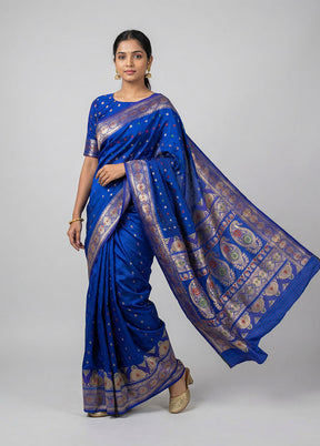 Blue Handloom Baluchari Pure Silk Saree With Blouse Piece