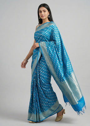 Blue Kora Silk Saree With Blouse Piece