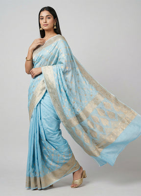 Blue Banarasi Silk Saree With Blouse Piece