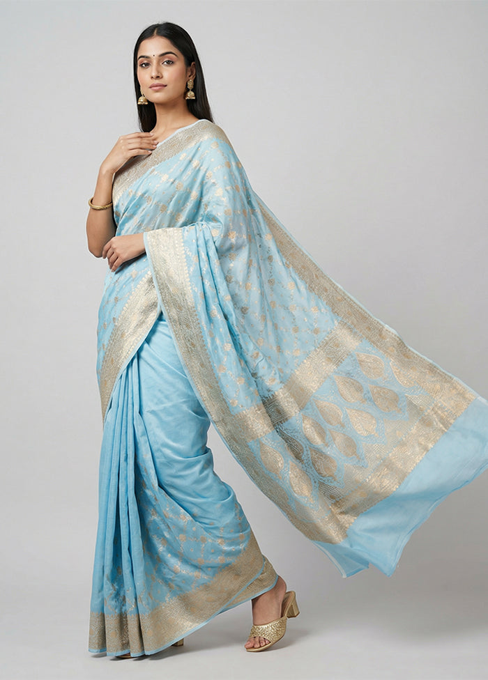 Blue Banarasi Silk Saree With Blouse Piece