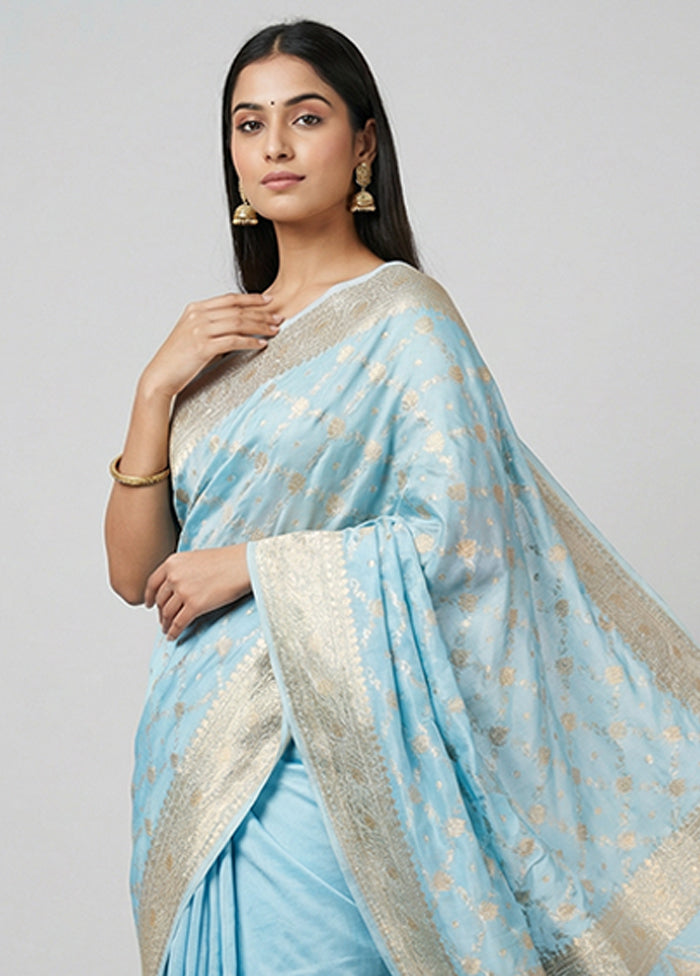 Blue Banarasi Silk Saree With Blouse Piece