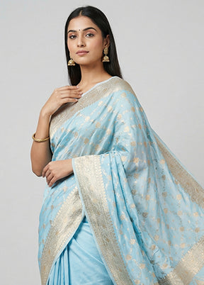 Blue Banarasi Silk Saree With Blouse Piece