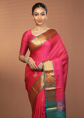 Pink Handloom Kanjivaram Pure Silk Saree With Blouse Piece