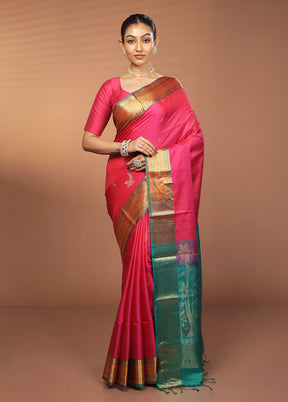 Pink Handloom Kanjivaram Pure Silk Saree With Blouse Piece