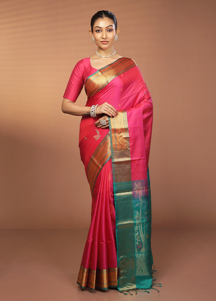 Pink Handloom Kanjivaram Pure Silk Saree With Blouse Piece