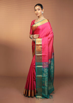 Pink Handloom Kanjivaram Pure Silk Saree With Blouse Piece