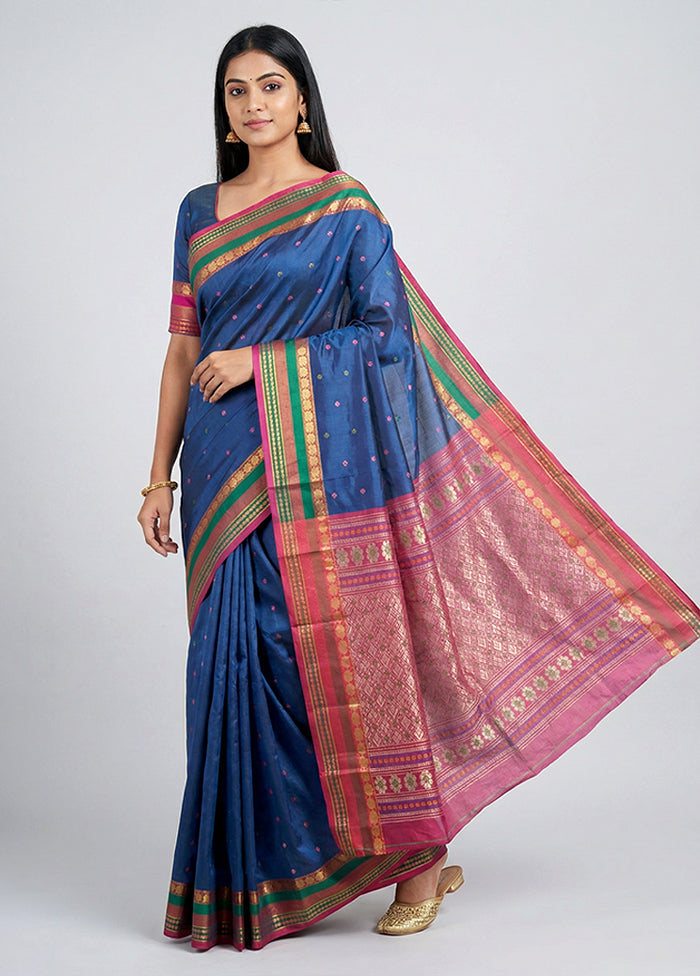 Blue Kanjivaram Silk Saree With Blouse Piece