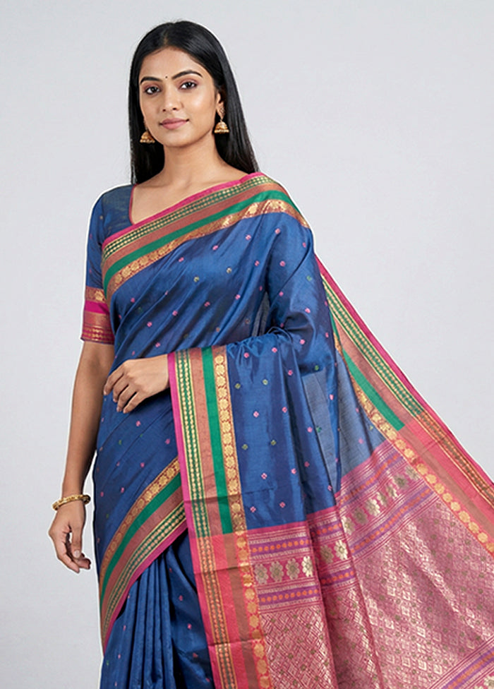 Blue Kanjivaram Silk Saree With Blouse Piece