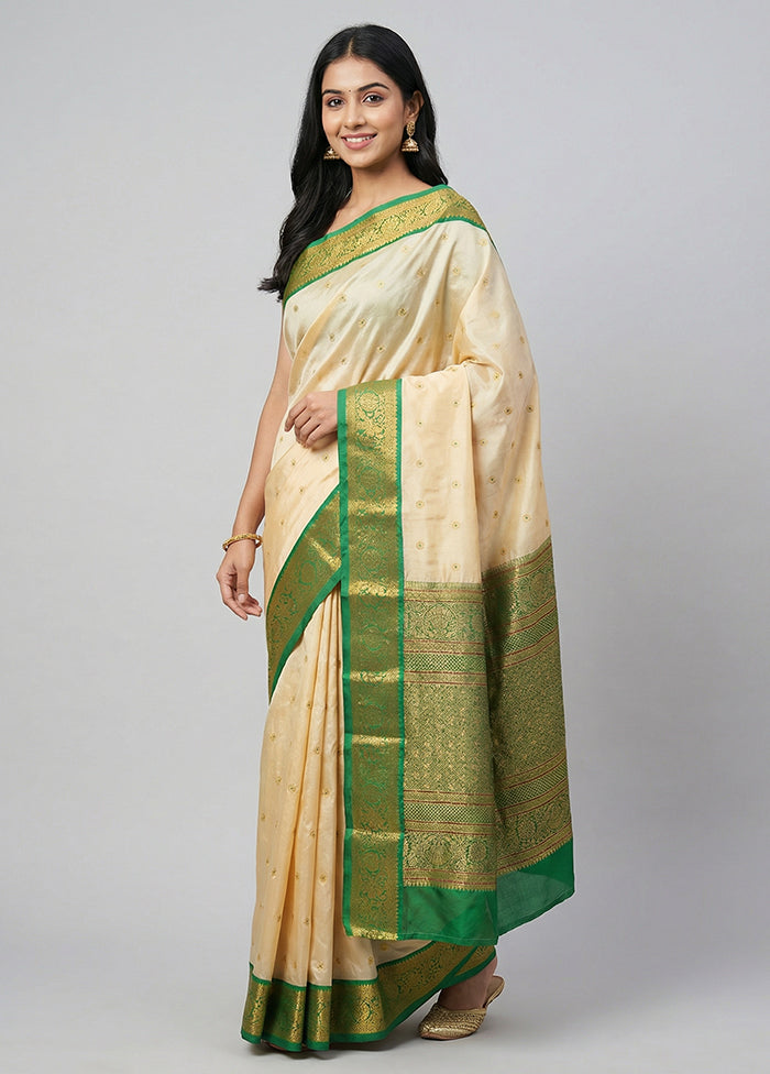 Cream Handloom Kanjivaram Pure Silk Saree With Blouse Piece