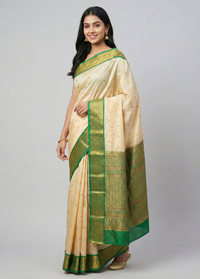 Cream Handloom Kanjivaram Pure Silk Saree With Blouse Piece