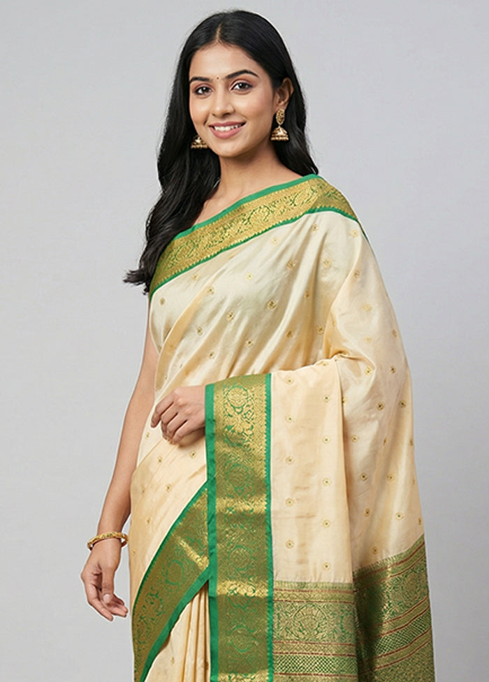 Cream Handloom Kanjivaram Pure Silk Saree With Blouse Piece