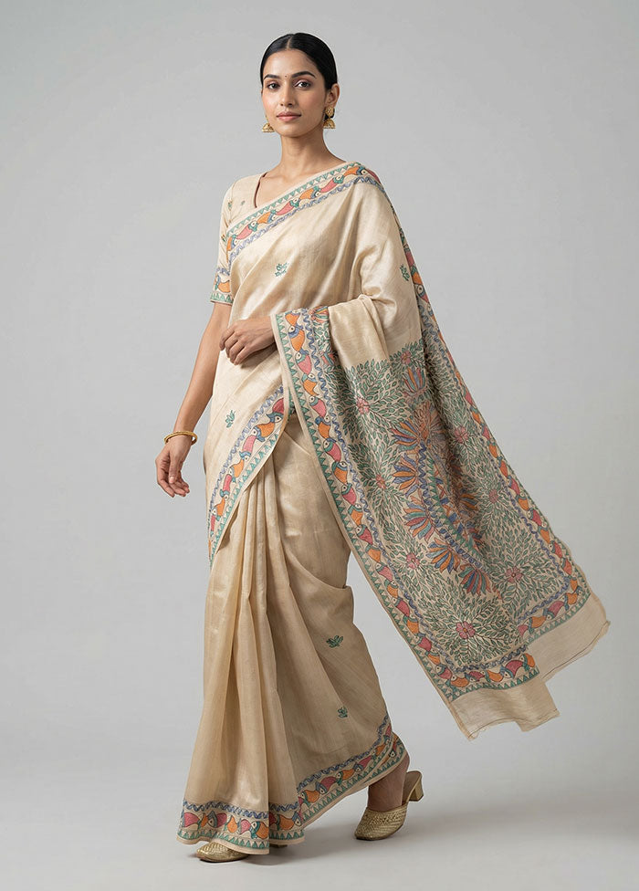 Cream Handloom Tussar Pure Silk Saree With Blouse Piece