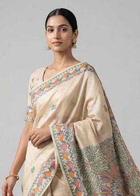 Cream Handloom Tussar Pure Silk Saree With Blouse Piece