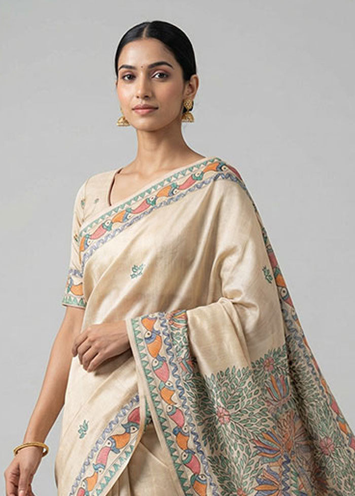 Cream Handloom Tussar Pure Silk Saree With Blouse Piece