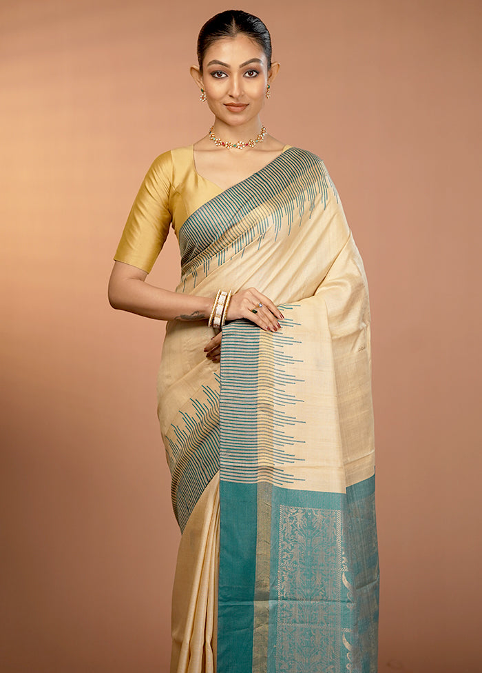 Cream Handloom Tussar Pure Silk Saree With Blouse Piece
