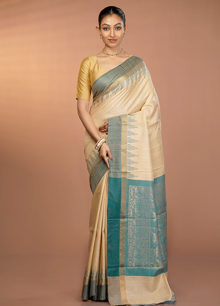 Cream Handloom Tussar Pure Silk Saree With Blouse Piece