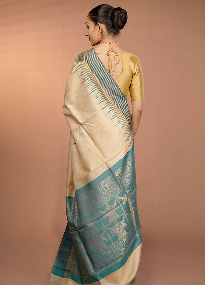Cream Handloom Tussar Pure Silk Saree With Blouse Piece